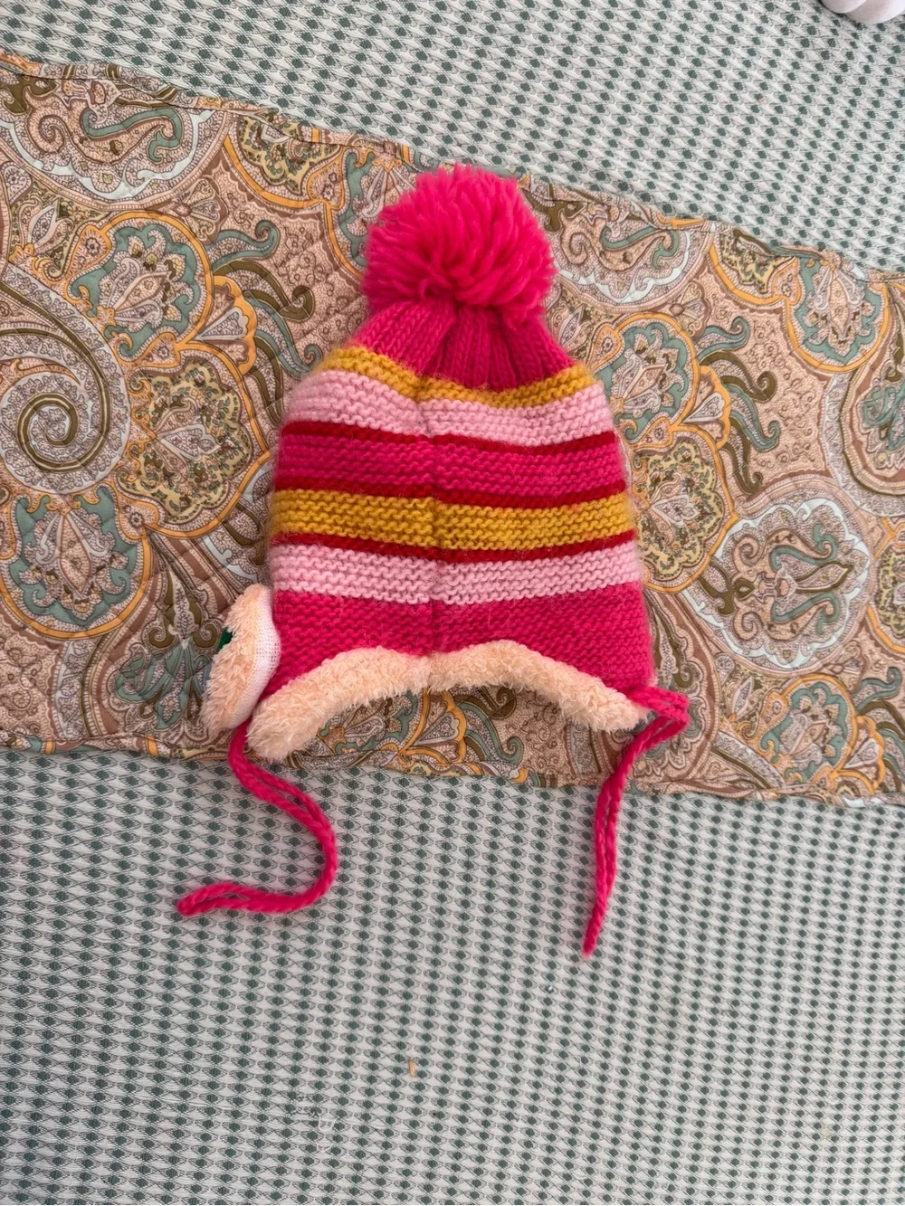 Girls' Crochet Winter Hat Pink Striped Cat Pom Pom Winter Hat Beanie